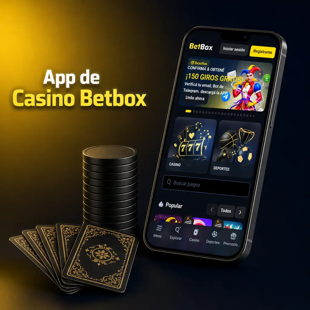 Pantalla principal de la app Betbox con eventos en vivo, tragamonedas, ruleta, blackjack y bacará con crupieres en vivo
