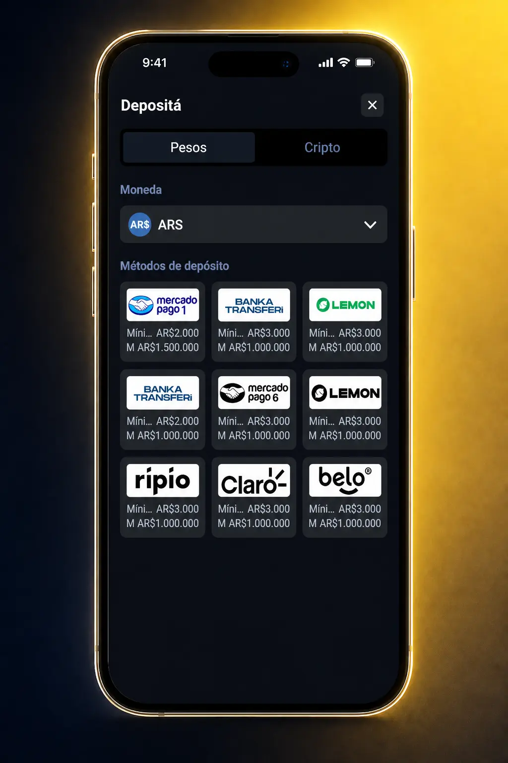 Pasos para depositar dinero en Betbox usando Mercado Pago, Lemon, transferencia bancaria o criptomonedas en Argentina.