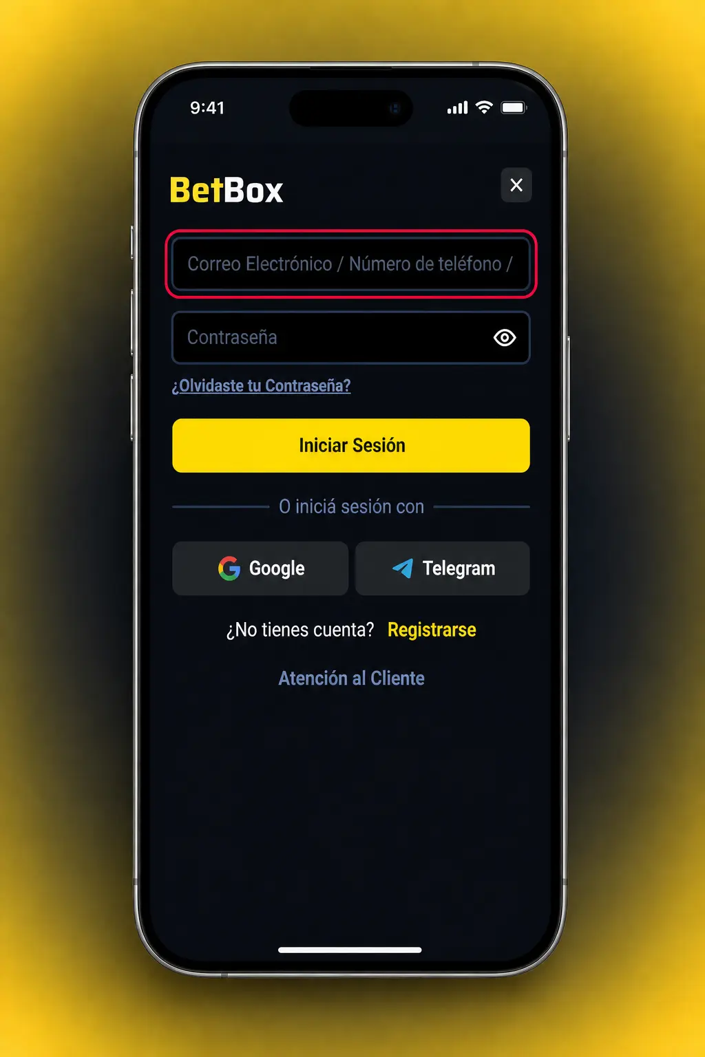 Pasos para iniciar sesión en la app de Betbox desde el celular con usuario y contraseña