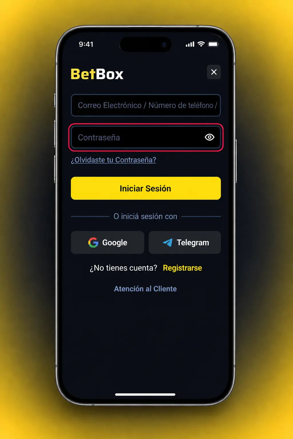 Pasos para iniciar sesión en la app de Betbox desde el celular con usuario y contraseña